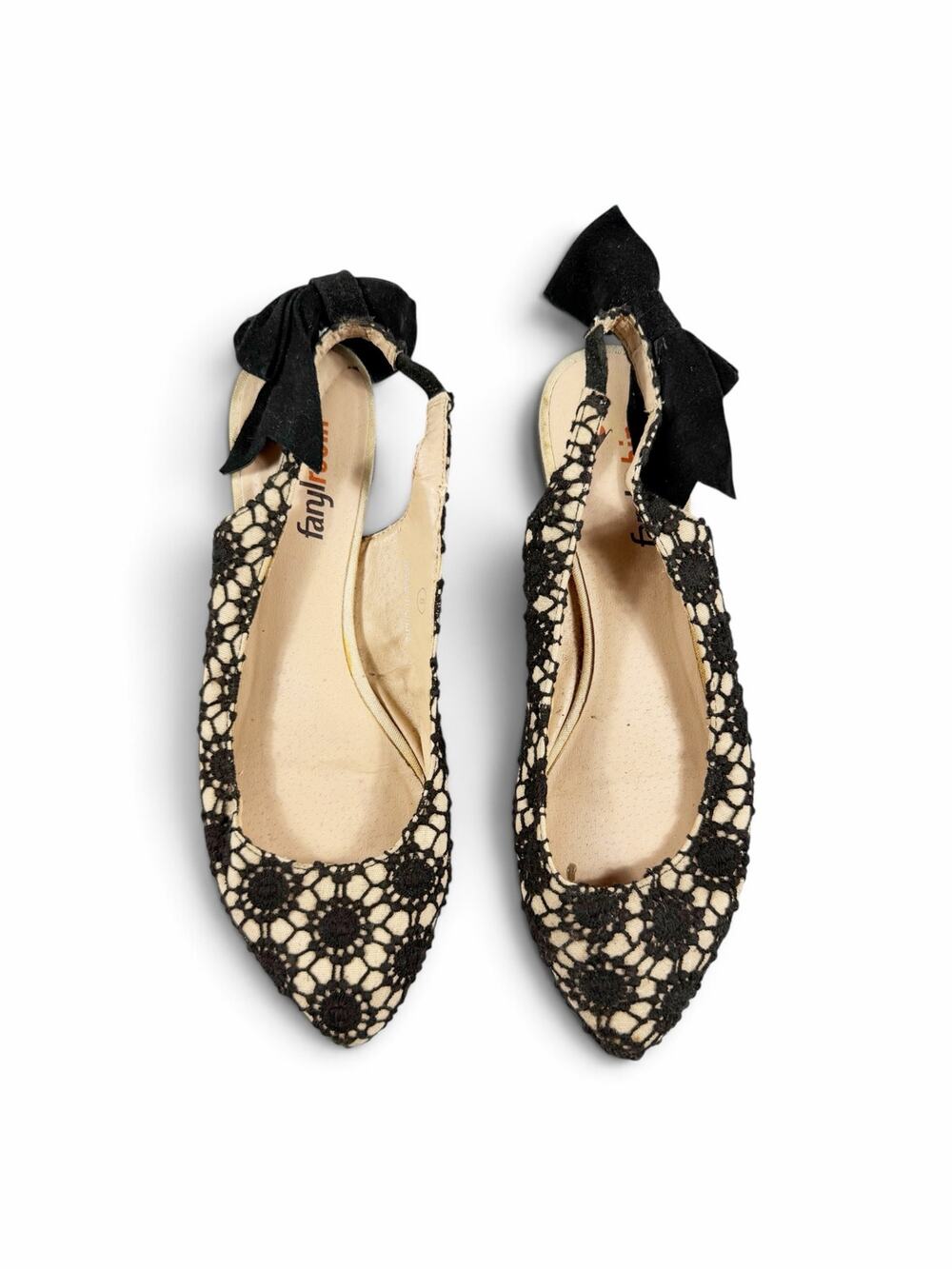 Farylrobin Lace Bow Slingback Ballet Flats Black Cream Size 8